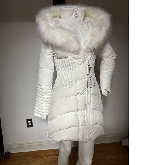 NEW Winter Faux Fur-Trimmed Vegan Leather Hooded Parka White  Puffer Jacket Coat - Picture 1 of 10